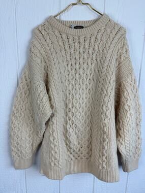Vintage Sweaters Of Ireland Wool XL Made in Ireland Cable Knit Fisherman Cream